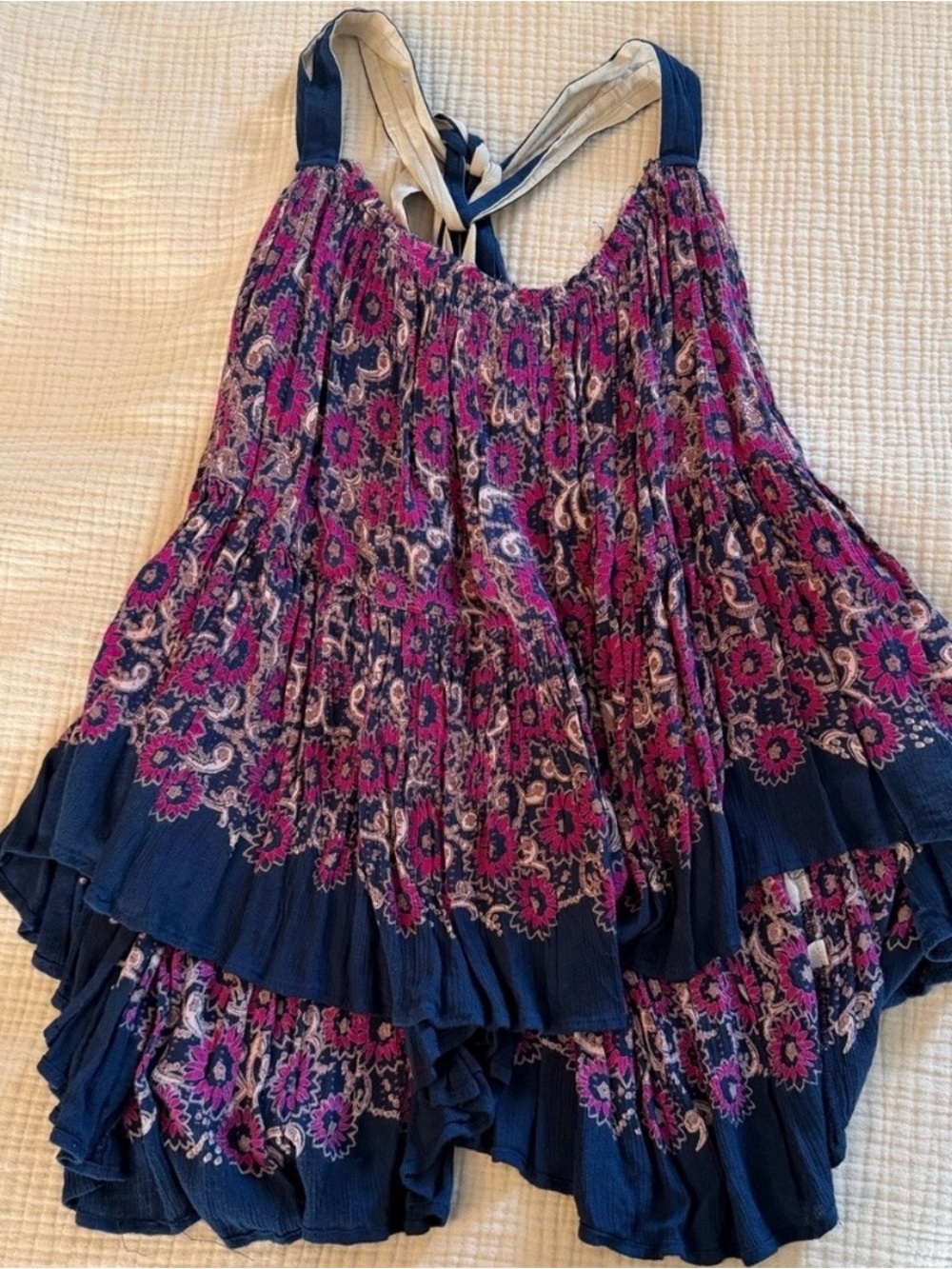Free People Navy and Magenta Floral Tiered Tank